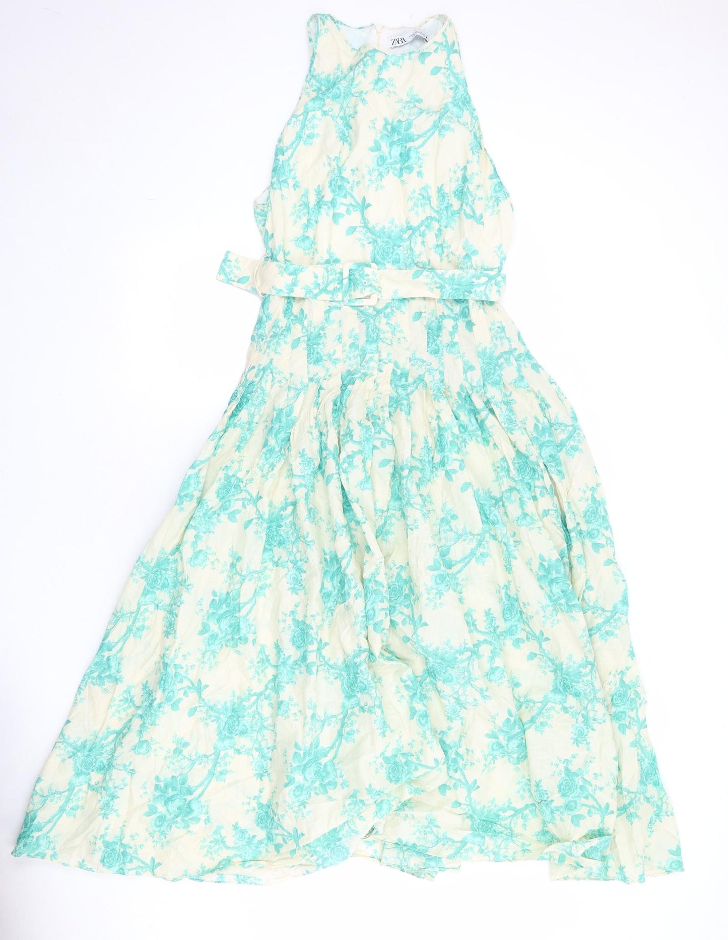 Zara Womens Beige Floral Cotton Maxi Size XL Round Neck Zip