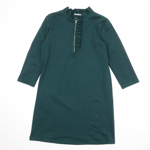 Zara Womens Green Polyester A-Line Size S Round Neck Zip