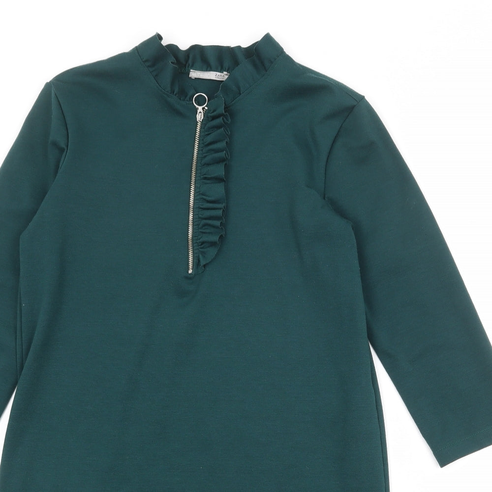 Zara Womens Green Polyester A-Line Size S Round Neck Zip