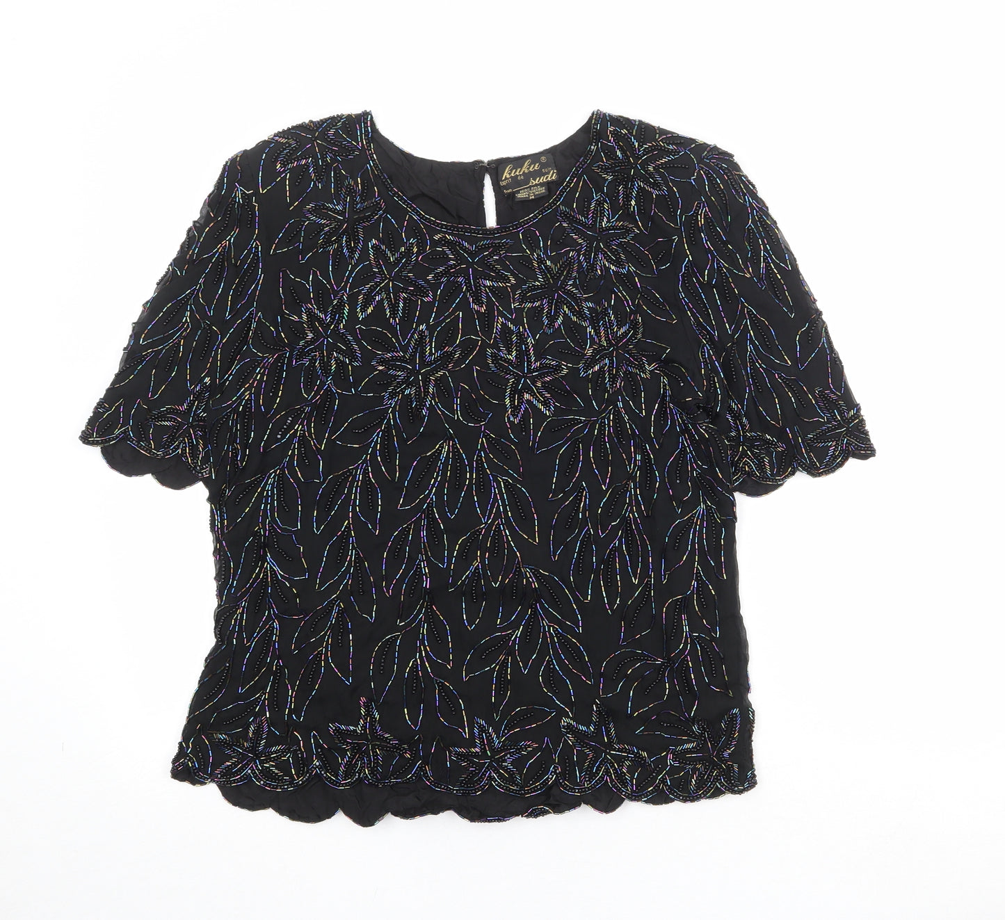 Kuku Womens Black Floral Silk Basic Blouse Size M Round Neck