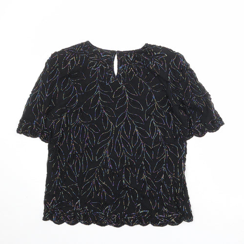 Kuku Womens Black Floral Silk Basic Blouse Size M Round Neck