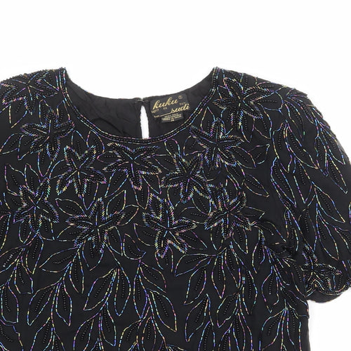 Kuku Womens Black Floral Silk Basic Blouse Size M Round Neck