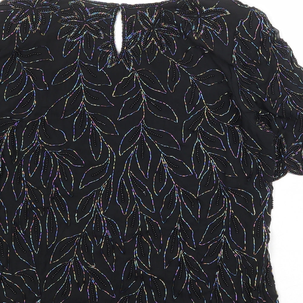 Kuku Womens Black Floral Silk Basic Blouse Size M Round Neck