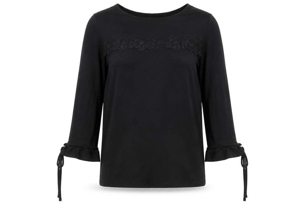 Front view of ORSAY women’s black viscose basic blouse, size M, round neck - lace details