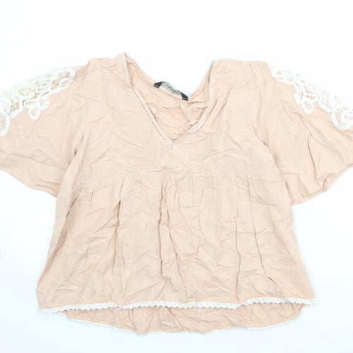 Zara Womens Pink Viscose Basic Blouse Size M V-Neck - Lace Details