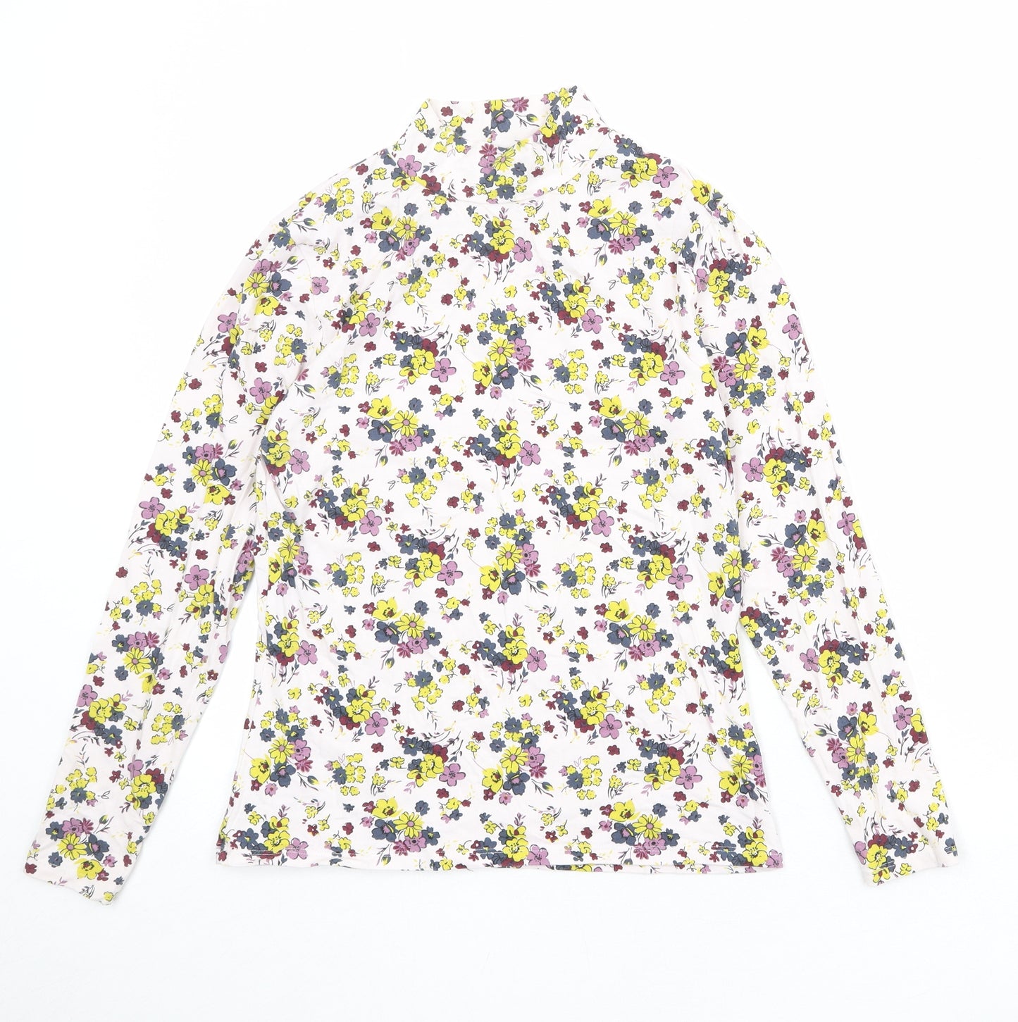 Marks and Spencer Womens Multicoloured Floral Cotton Basic T-Shirt Size 12 Mock Neck