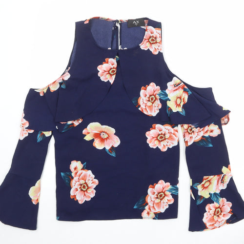 AX Paris Womens Blue Floral Polyester Basic Blouse Size 12 Round Neck - Cold Shoulder