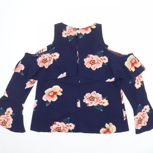 AX Paris Womens Blue Floral Polyester Basic Blouse Size 12 Round Neck - Cold Shoulder