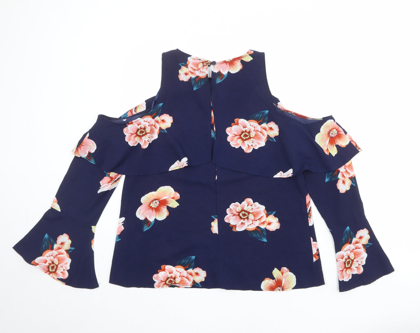 AX Paris Womens Blue Floral Polyester Basic Blouse Size 12 Round Neck - Cold Shoulder