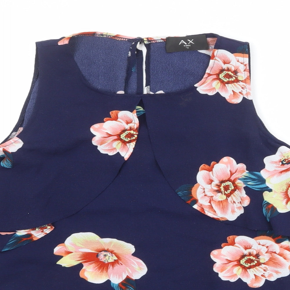 AX Paris Womens Blue Floral Polyester Basic Blouse Size 12 Round Neck - Cold Shoulder