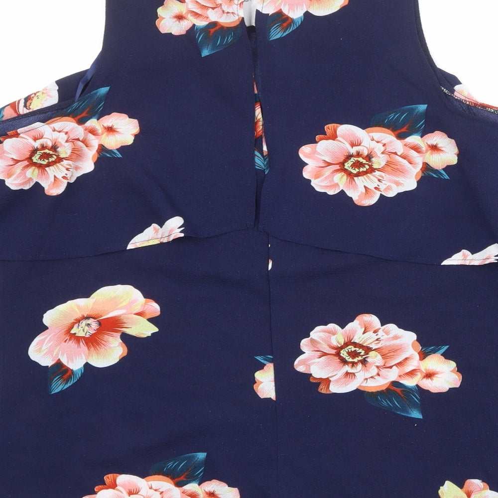 AX Paris Womens Blue Floral Polyester Basic Blouse Size 12 Round Neck - Cold Shoulder