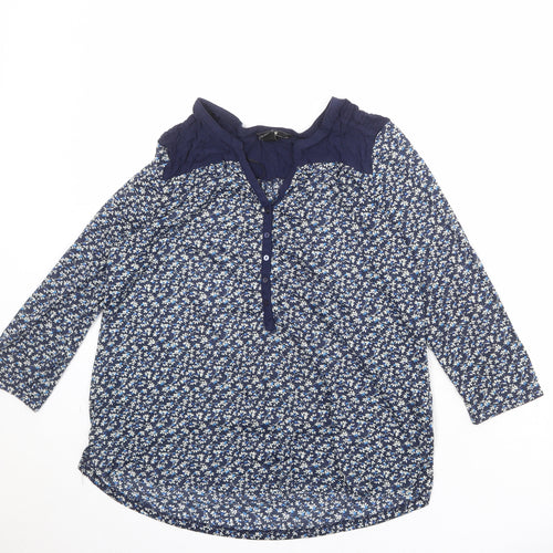 H&M Womens Blue Floral Polyester Basic Blouse Size M V-Neck