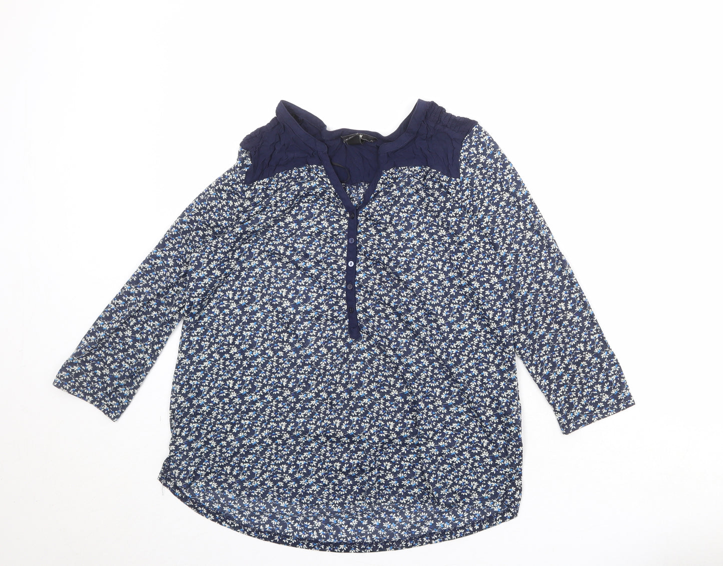 H&M Womens Blue Floral Polyester Basic Blouse Size M V-Neck