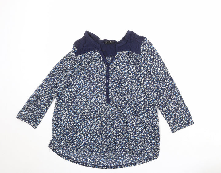 H&M Womens Blue Floral Polyester Basic Blouse Size M V-Neck