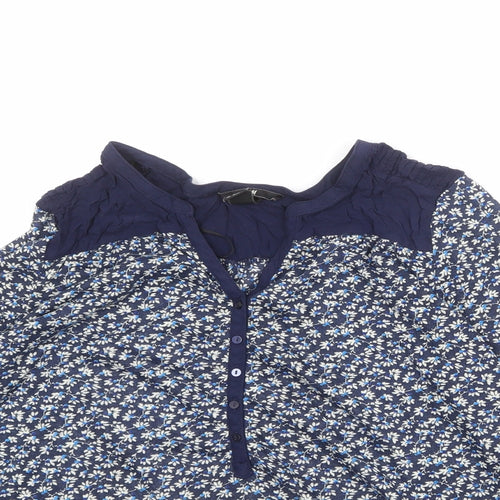 H&M Womens Blue Floral Polyester Basic Blouse Size M V-Neck