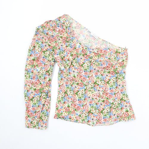 Zara Womens Multicoloured Floral 100% Cotton Basic Blouse Size S One Shoulder