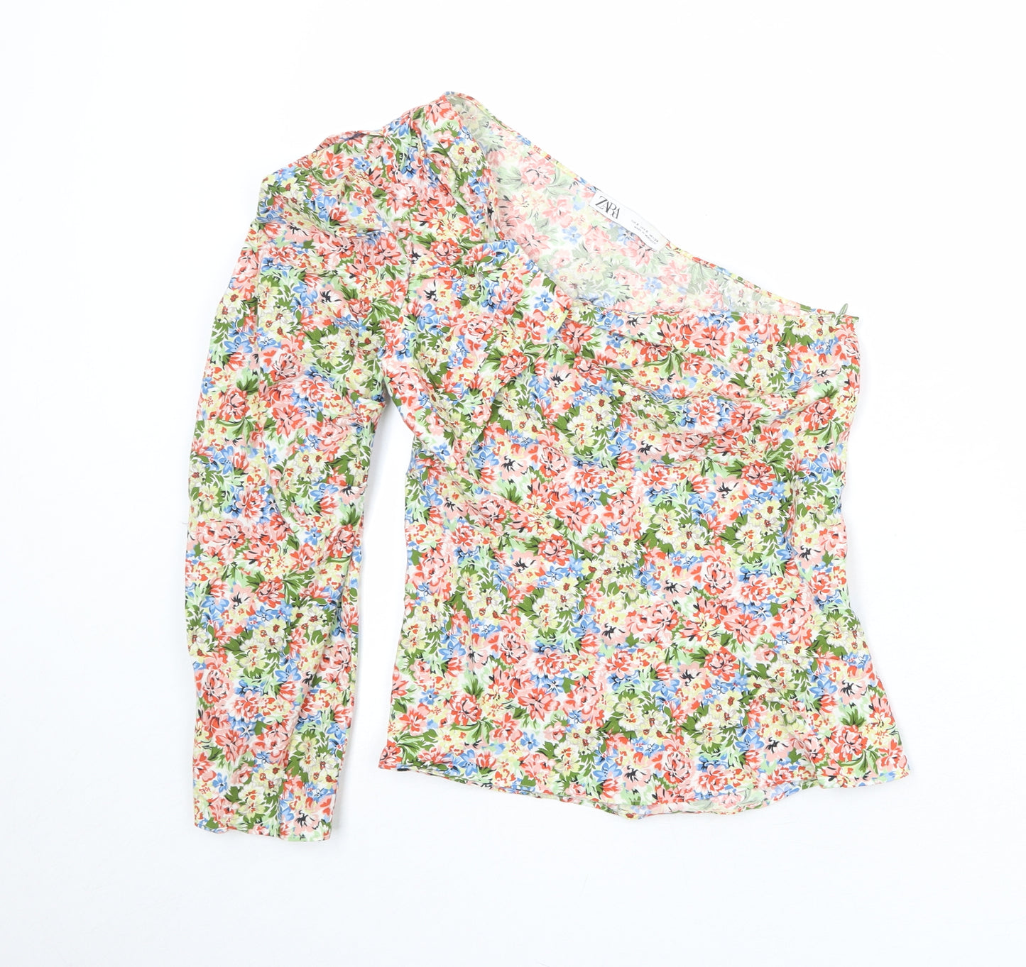 Zara Womens Multicoloured Floral 100% Cotton Basic Blouse Size S One Shoulder