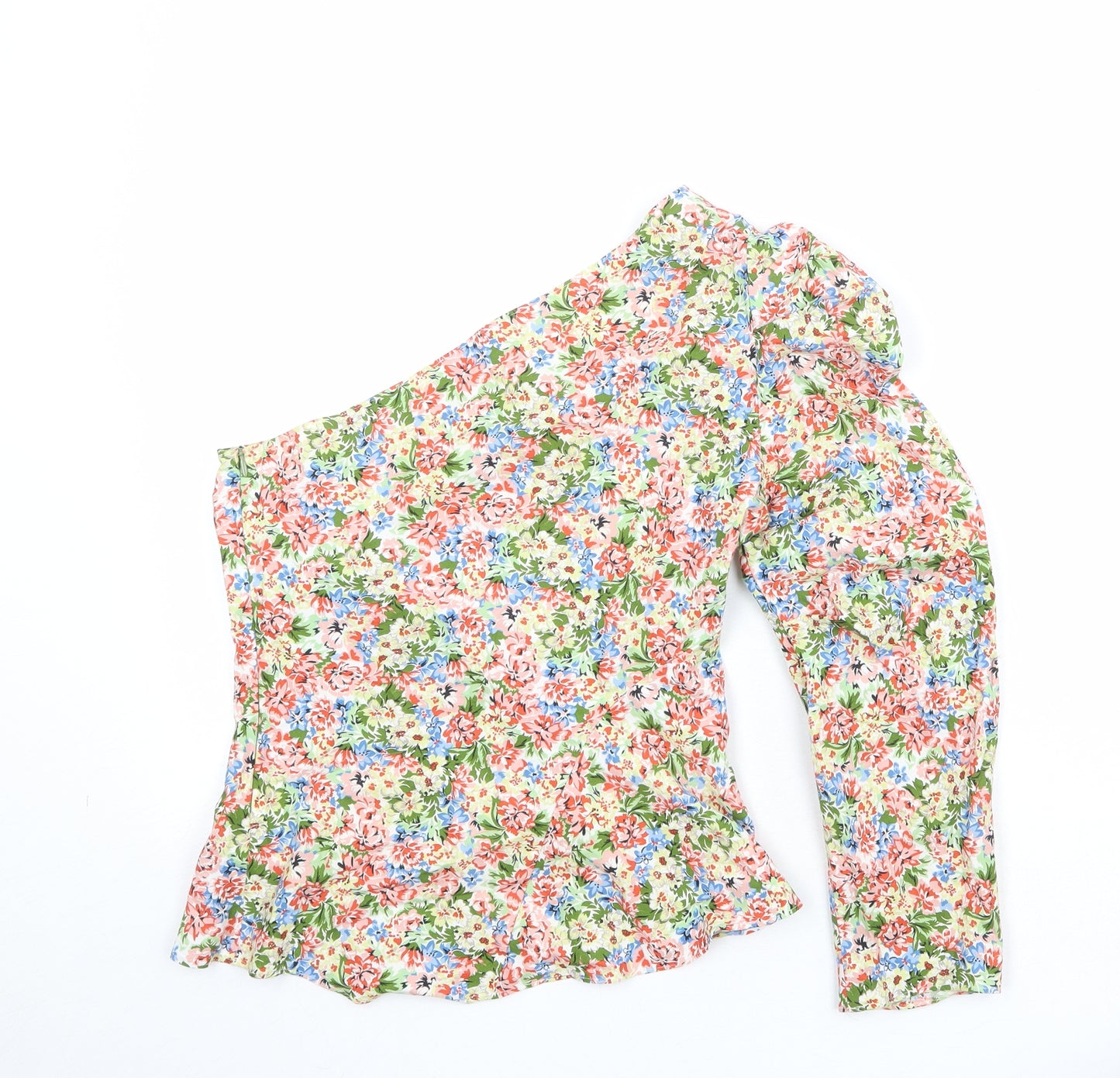 Zara Womens Multicoloured Floral 100% Cotton Basic Blouse Size S One Shoulder