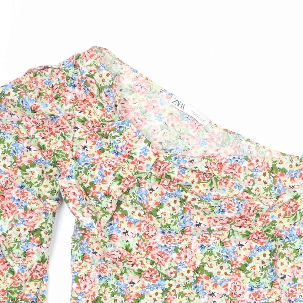 Zara Womens Multicoloured Floral 100% Cotton Basic Blouse Size S One Shoulder