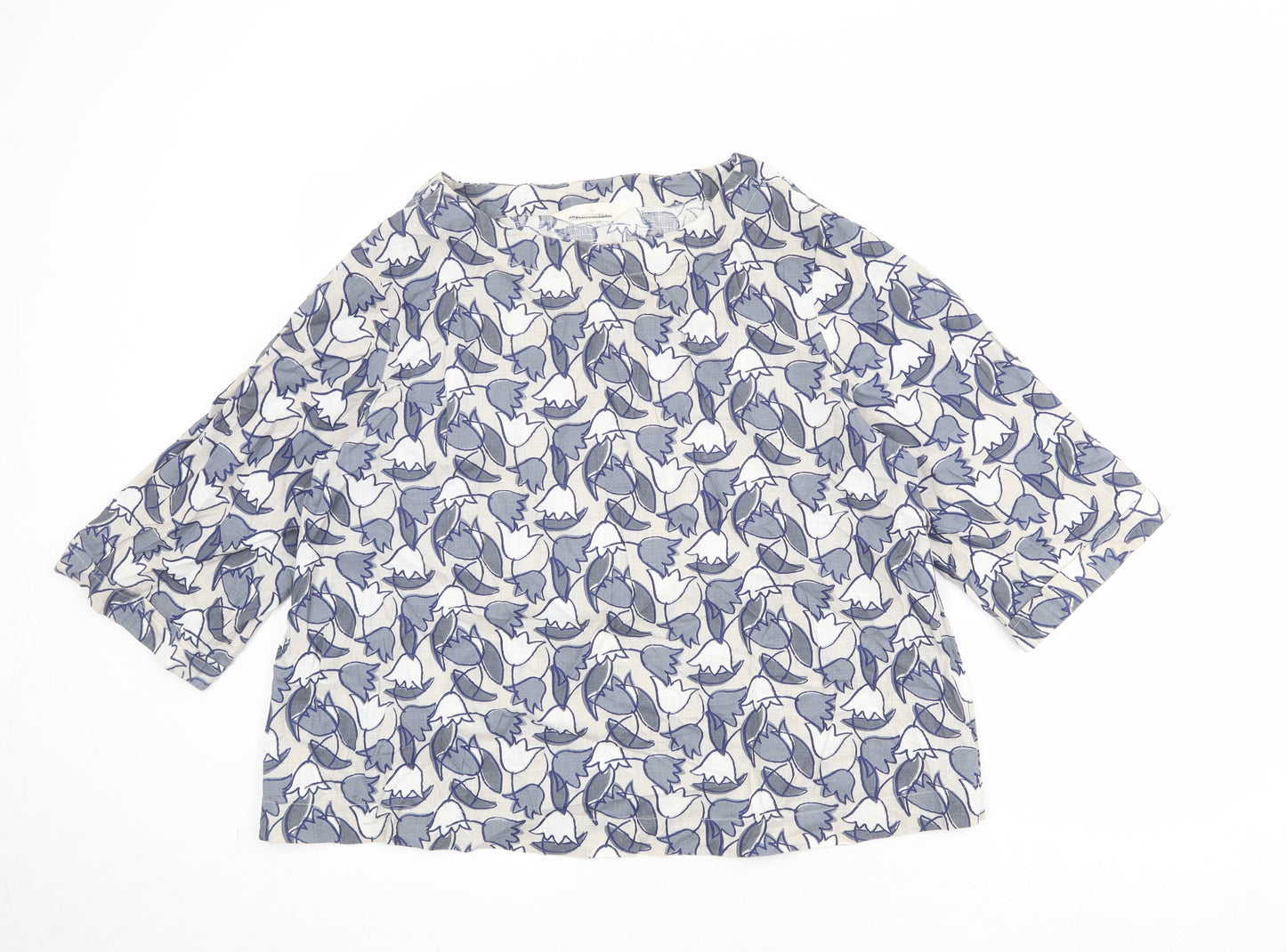 Seasalt Womens Beige Floral 100% Cotton Basic Blouse Size 18 Boat Neck