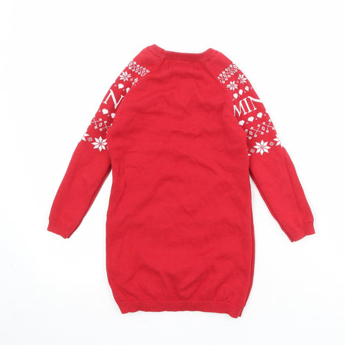 Disney Girls Red Fair Isle Cotton Jumper Dress Size 4-5 Years Crew Neck Pullover - Minnie Mouse Christmas