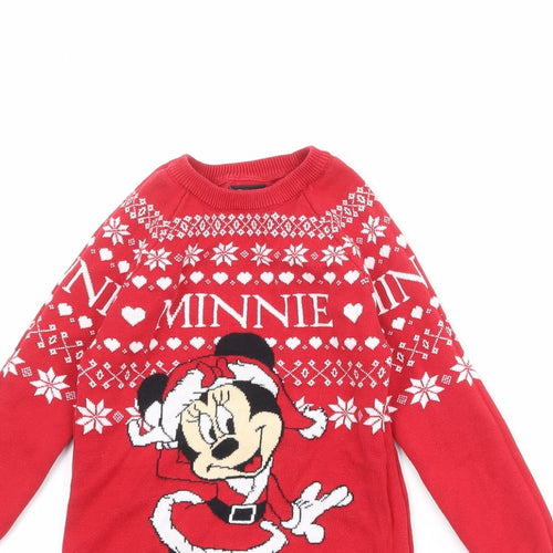 Disney Girls Red Fair Isle Cotton Jumper Dress Size 4-5 Years Crew Neck Pullover - Minnie Mouse Christmas