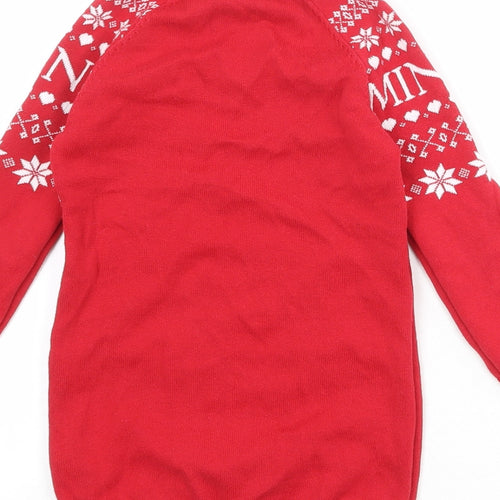 Disney Girls Red Fair Isle Cotton Jumper Dress Size 4-5 Years Crew Neck Pullover - Minnie Mouse Christmas