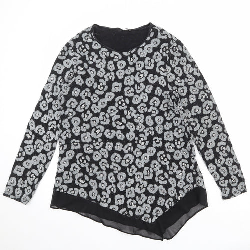 Roman Womens Black Animal Print Polyamide Basic Blouse Size 12 Boat Neck - Asymmetric
