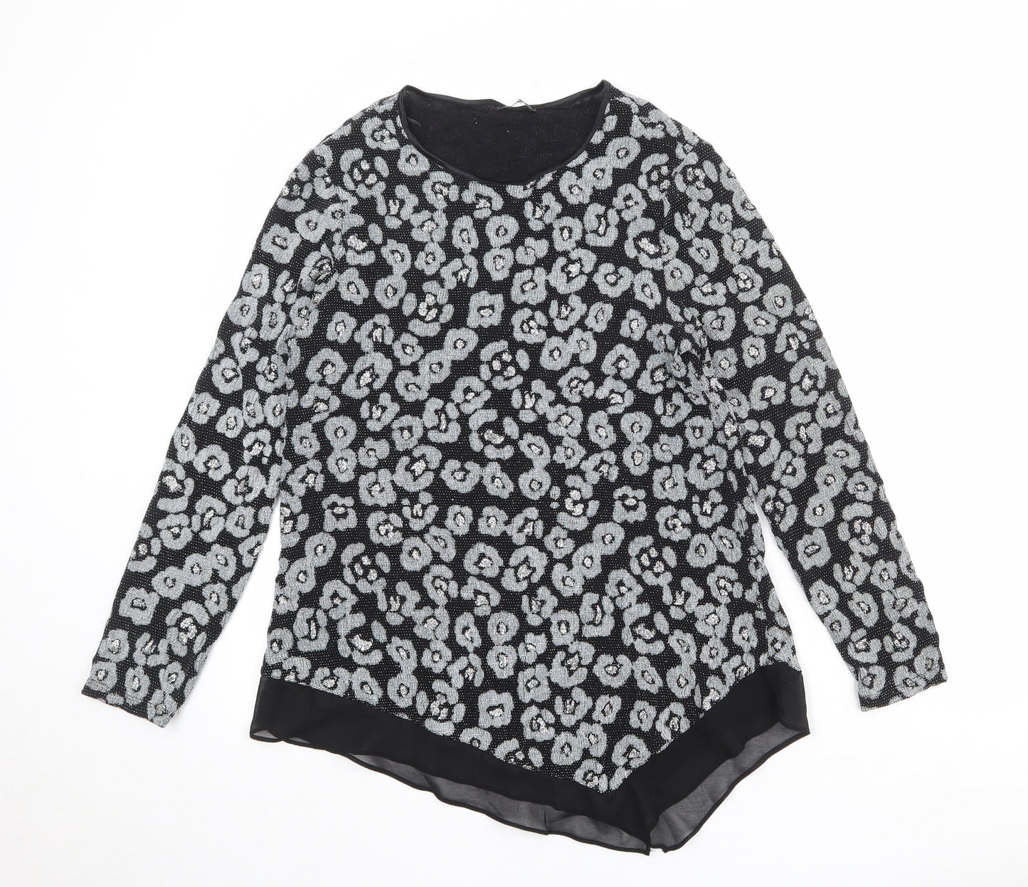 Roman Womens Black Animal Print Polyamide Basic Blouse Size 12 Boat Neck - Asymmetric