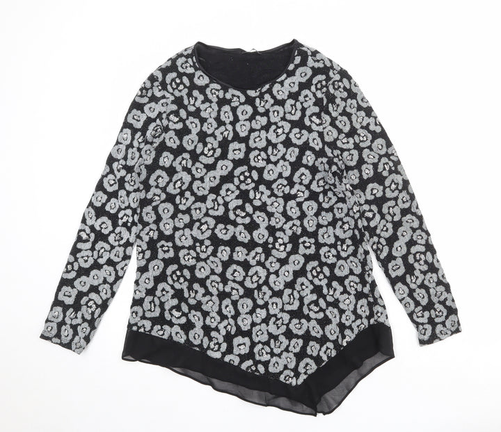 Roman Womens Black Animal Print Polyamide Basic Blouse Size 12 Boat Neck - Asymmetric