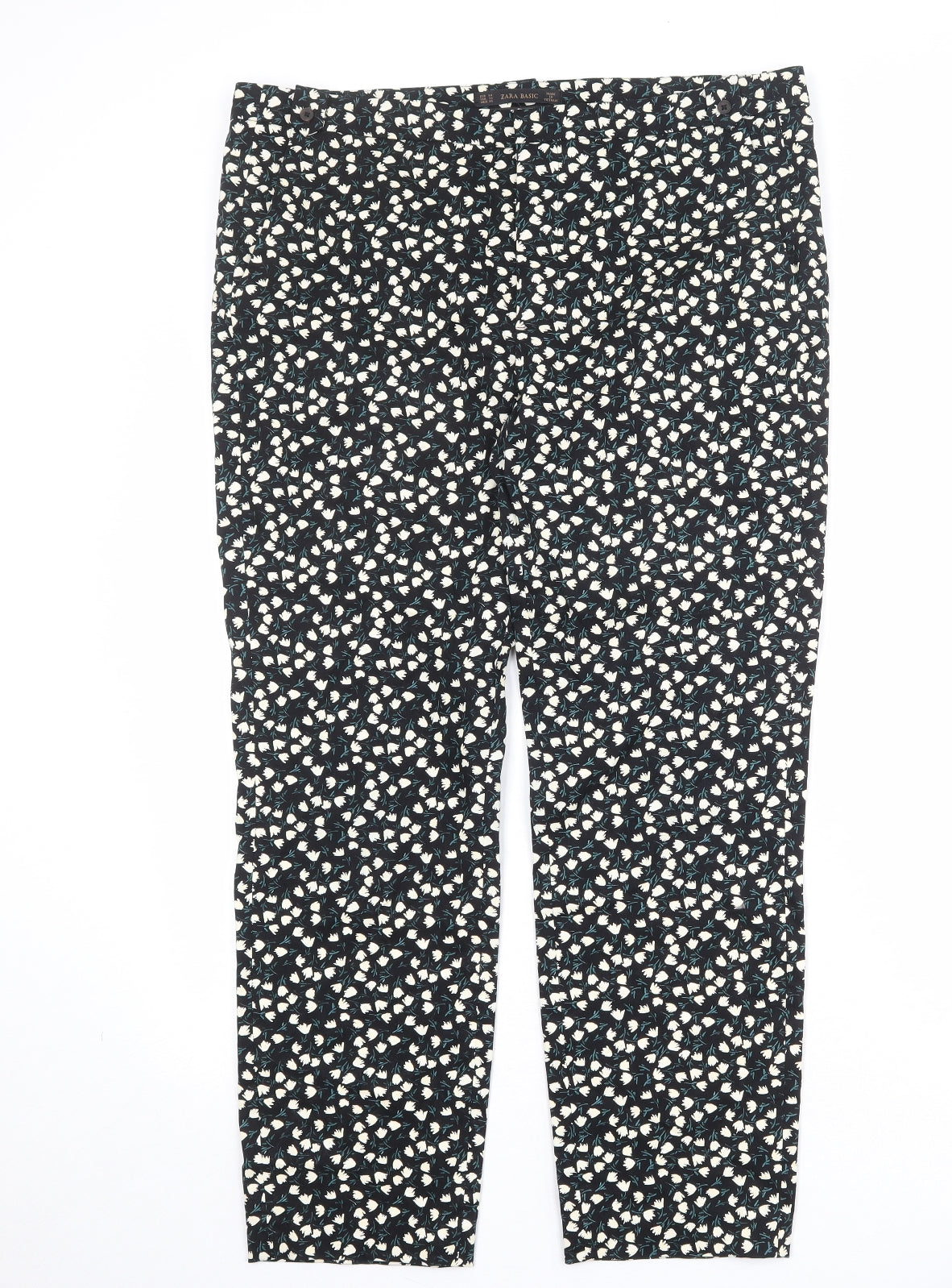 Zara Womens Black Floral Polyester Chino Trousers Size 16 Regular Zip