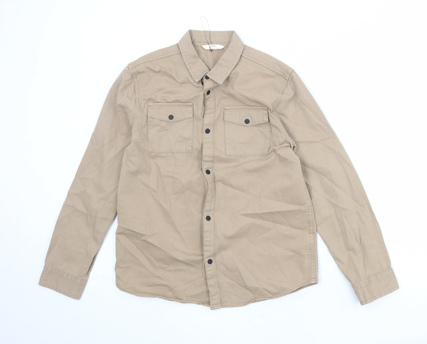 Marks and Spencer Boys Brown 100% Cotton Basic Button-Up Size 12-13 Years Collared Snap