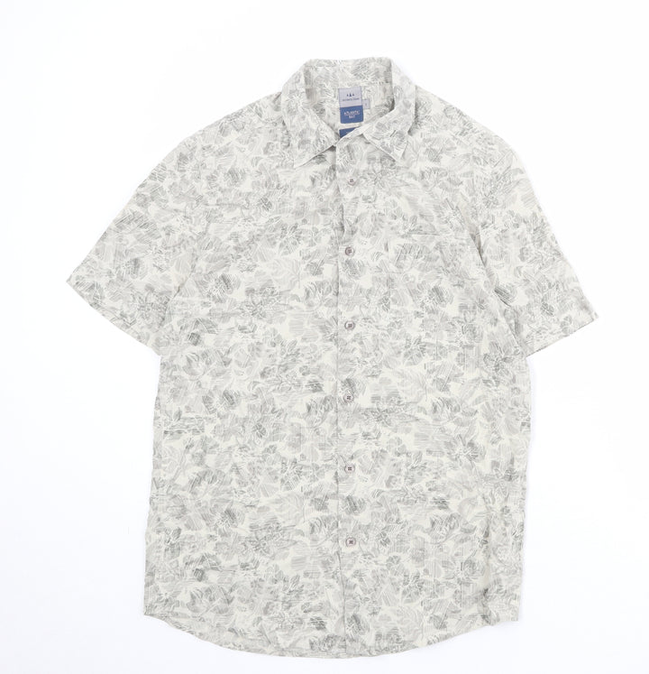 Atlantic Bay Mens Beige Geometric Polyester Button-Up Size S Collared Button