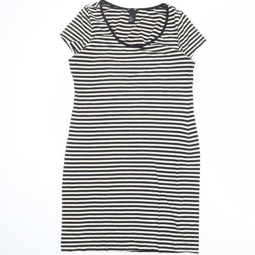 H&M Womens Black Striped Cotton T-Shirt Dress Size L Scoop Neck Pullover