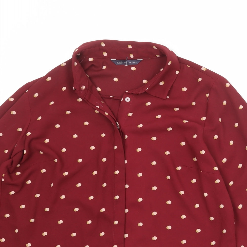 Marks and Spencer Womens Red Polka Dot Polyester Basic Button-Up Size 12 Collared
