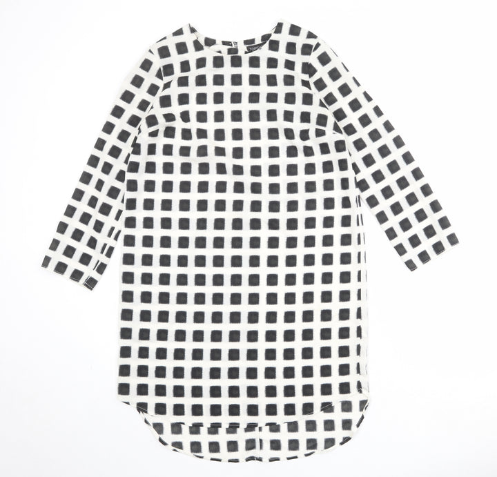Topshop Womens Ivory Check Polyester Shift Size 10 Boat Neck Button