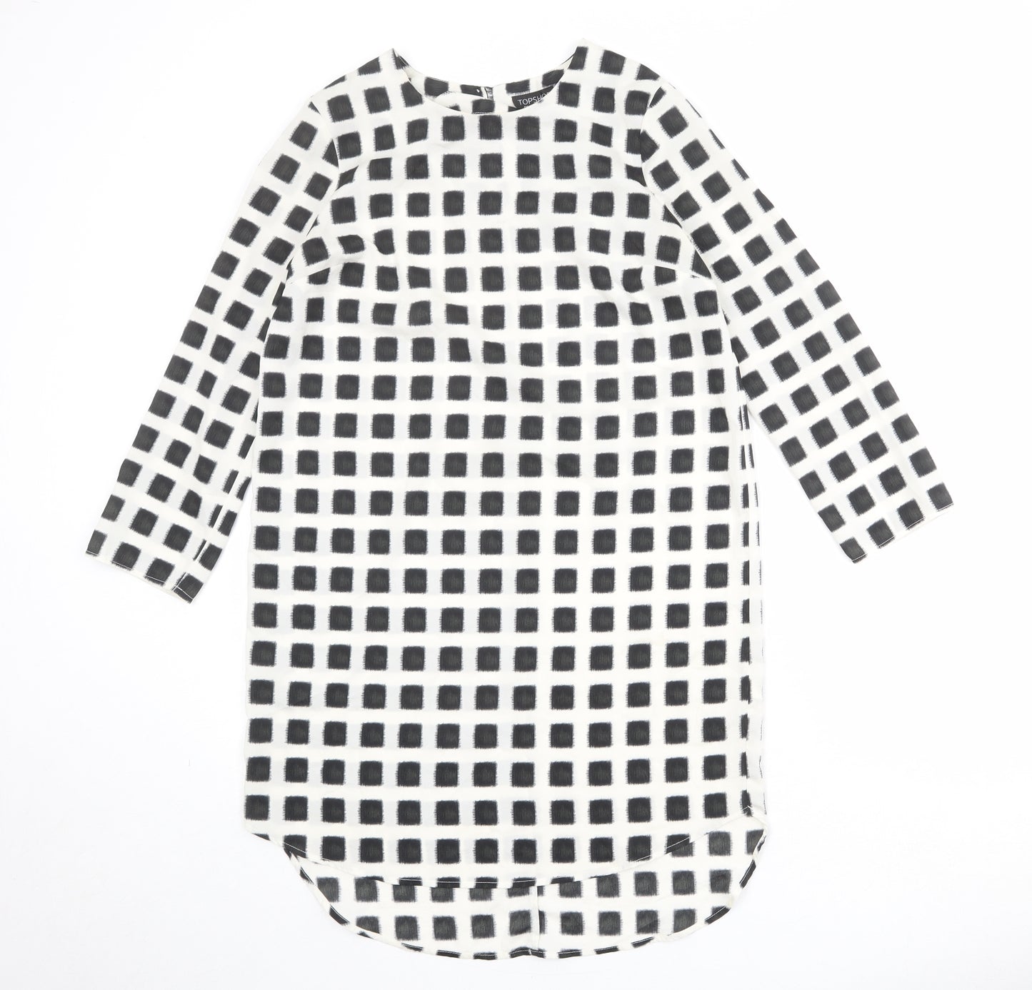 Topshop Womens Ivory Check Polyester Shift Size 10 Boat Neck Button