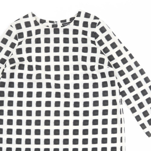 Topshop Womens Ivory Check Polyester Shift Size 10 Boat Neck Button