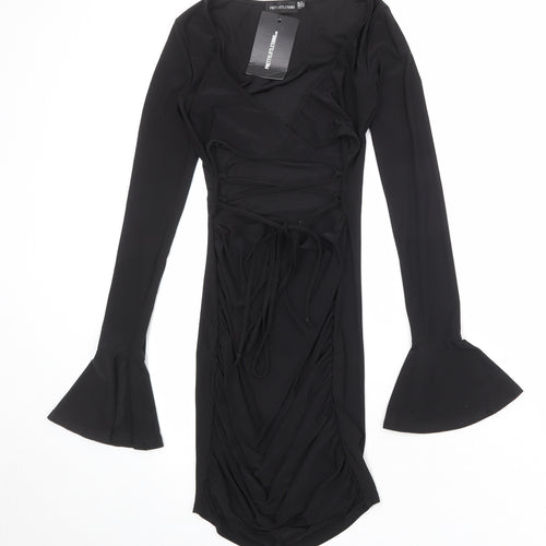 PRETTYLITTLETHING Womens Black Polyester Bodycon Size 4 V-Neck Pullover - Flute Sleeve