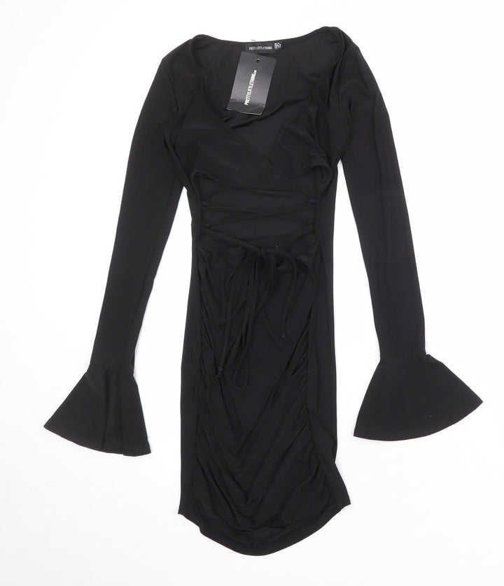 PRETTYLITTLETHING Womens Black Polyester Bodycon Size 4 V-Neck Pullover - Flute Sleeve