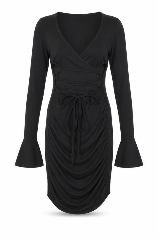 Front view of PRETTYLITTLETHING women’s black polyester bodycon, size UK 4, v-neck pullover - flute sleeve