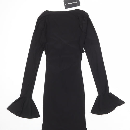 PRETTYLITTLETHING Womens Black Polyester Bodycon Size 4 V-Neck Pullover - Flute Sleeve