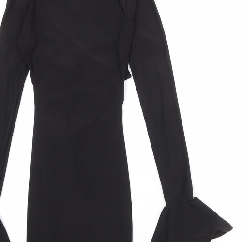 PRETTYLITTLETHING Womens Black Polyester Bodycon Size 4 V-Neck Pullover - Flute Sleeve
