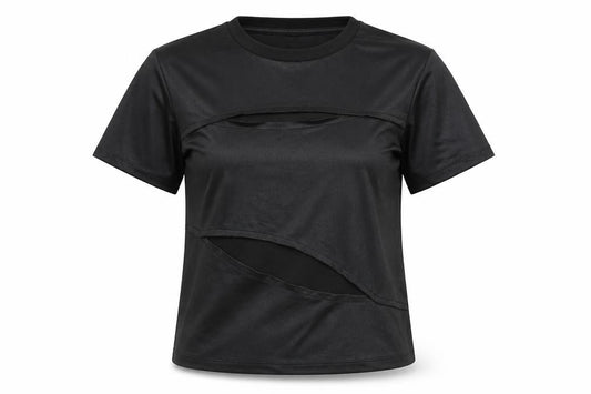 Front view of ASOS women’s black polyester basic t-shirt, size S, round neck