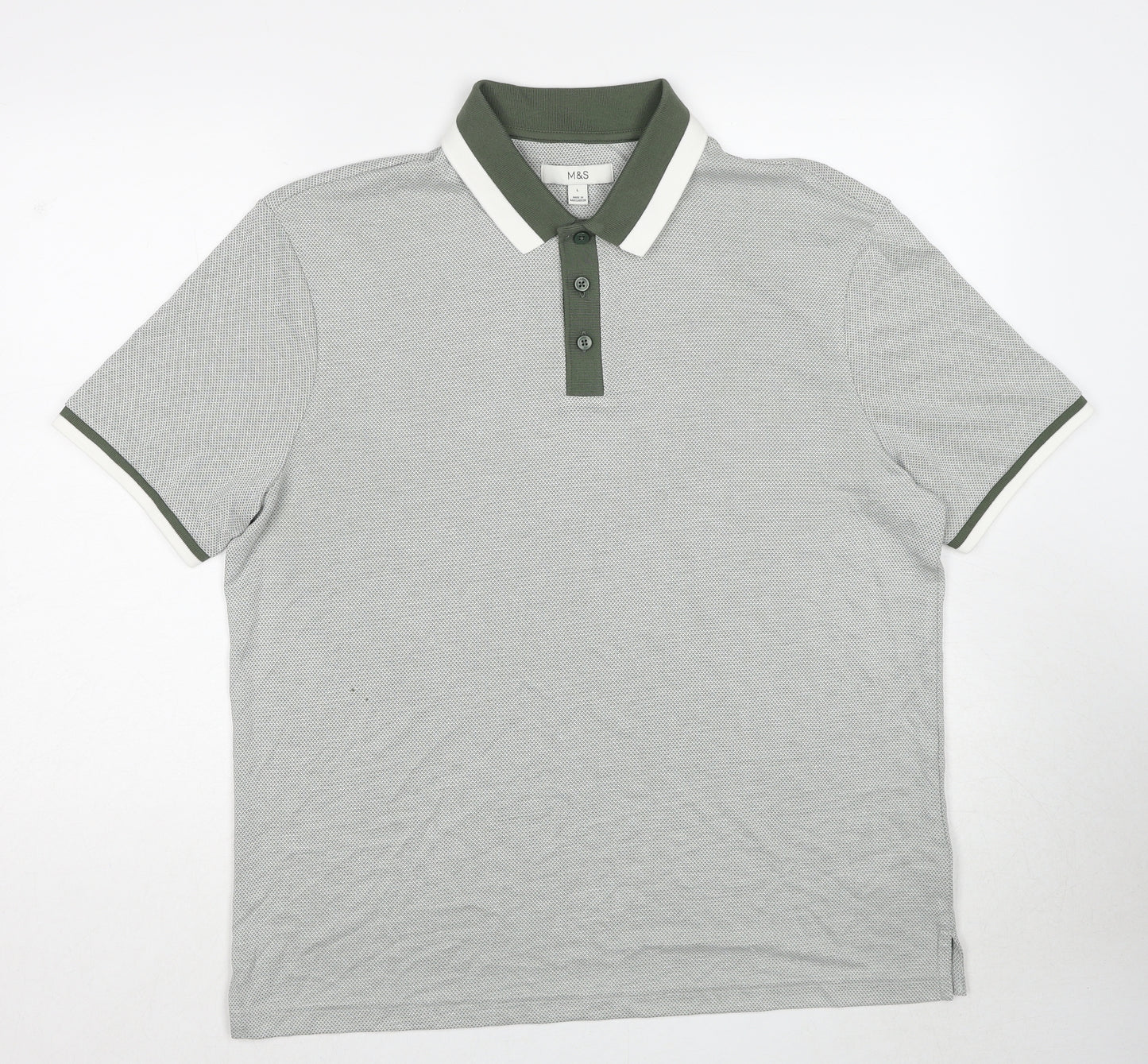 Marks and Spencer Mens Green Geometric Modal Polo Size L Collared Pullover