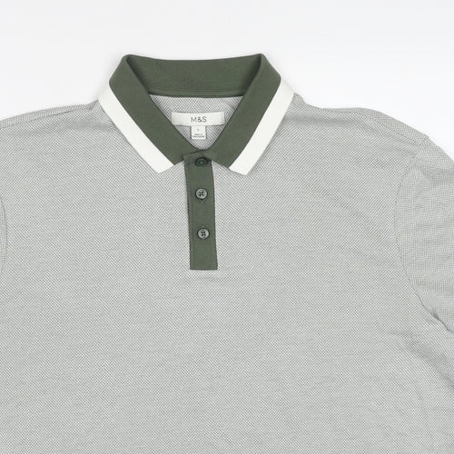 Marks and Spencer Mens Green Geometric Modal Polo Size L Collared Pullover