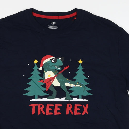 Marks and Spencer Mens Blue Cotton T-Shirt Size M Round Neck - Tree Rex Christmas