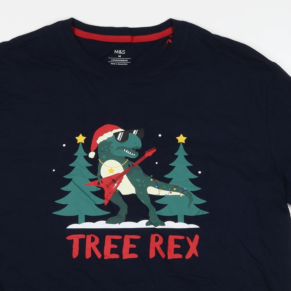 Marks and Spencer Mens Blue Cotton T-Shirt Size M Round Neck - Tree Rex Christmas