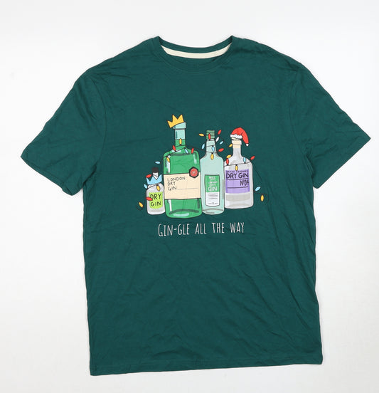 Front view of Marks & Spencer men’s green cotton t-shirt, size S, round neck - gin-gle all the way