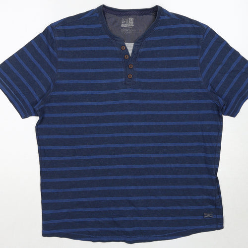 Marks and Spencer Mens Blue Striped Cotton T-Shirt Size M Round Neck